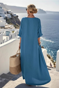 MARISOL – Sea Blue Lace-Up V-Neck Kaftan Dress