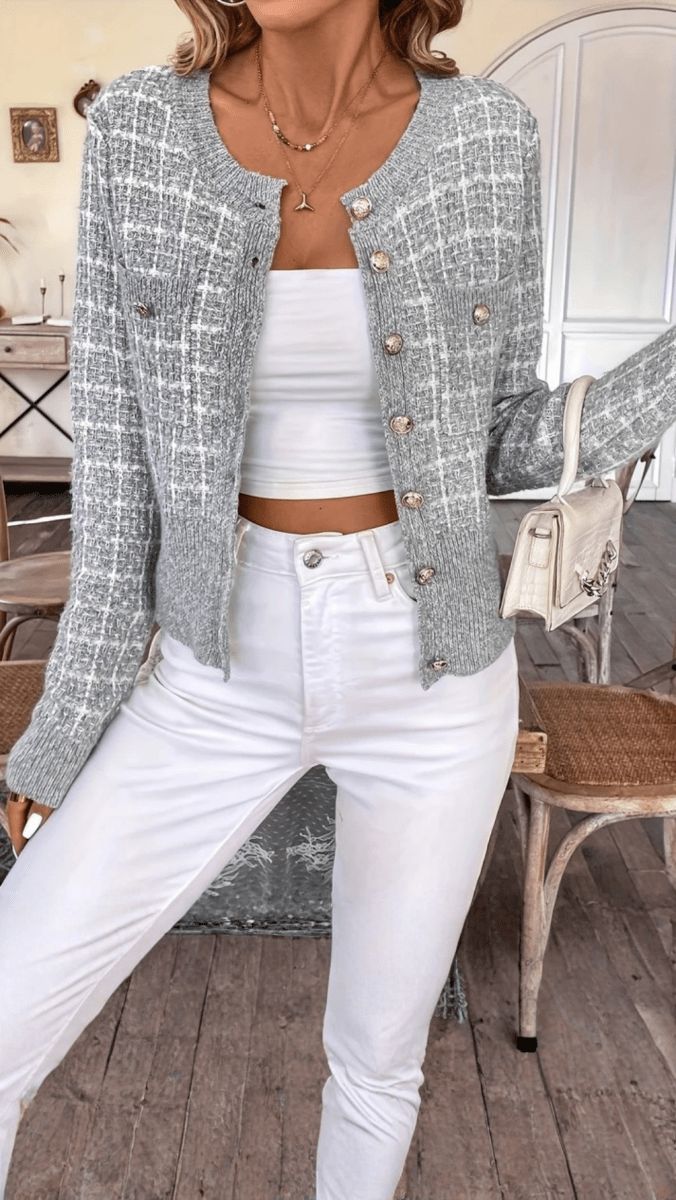 VIORELLA - Checked Button Knit Cardigan