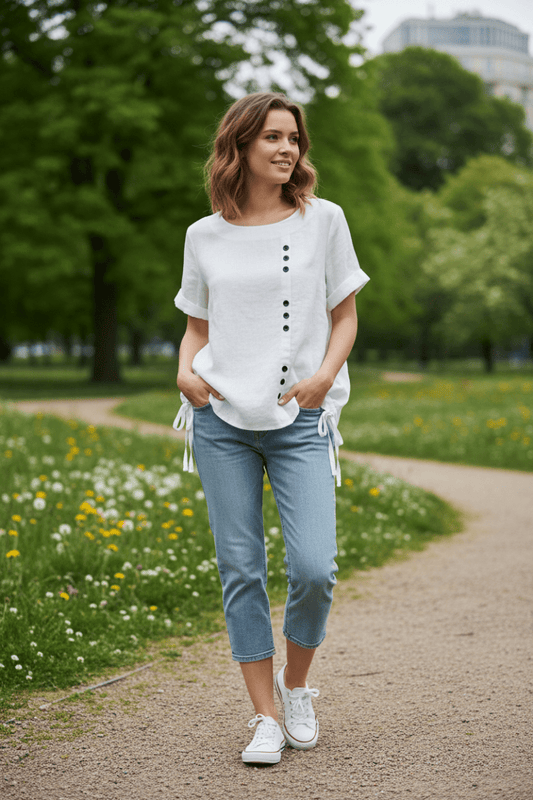 KELLYRA – Women’s Short-Sleeve Blouse with Clean Round Neck and Minimal Design