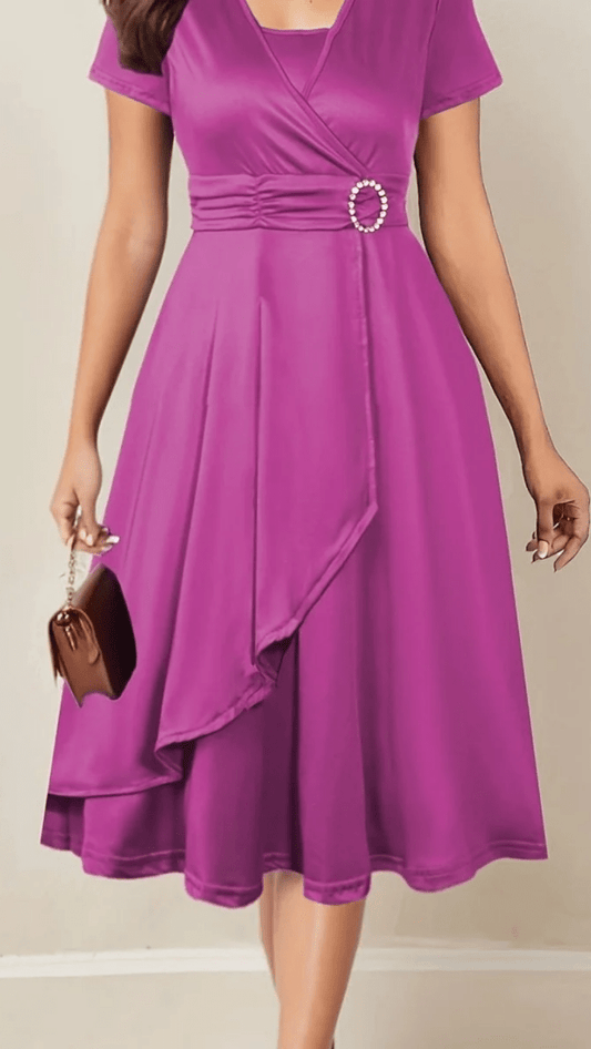 VELORÉA - Women’s Rhinestone V-Neck Asymmetrical Midi Dress