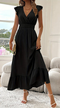 AZURELLE - Women’s Deep V-Neck Ruffle Sleeve Maxi Dress