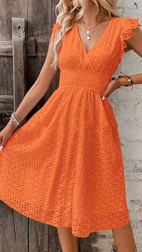 ELMIRA - Women’s Eyelet Lace V-Neck Midi Dress