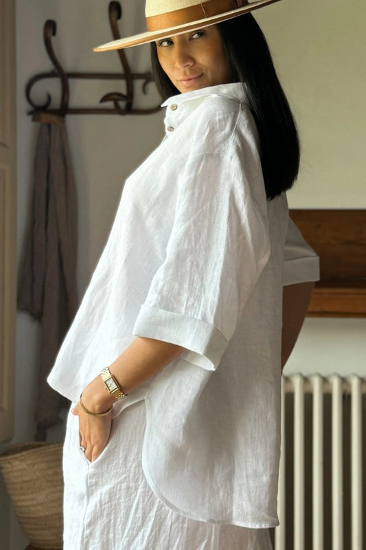 KALINDI – Plus Size Draped Linen Lapel Shirt