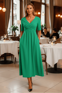 AVANÉ – Chic V-Neck Midi Dress for Elegant Occasions