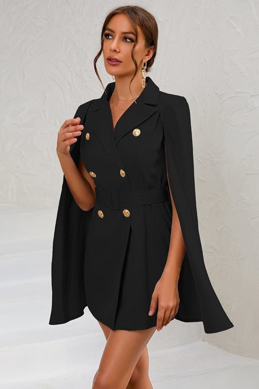 Ariella - Cape Blazer Mini Dress with Belt & Gold Button Detail