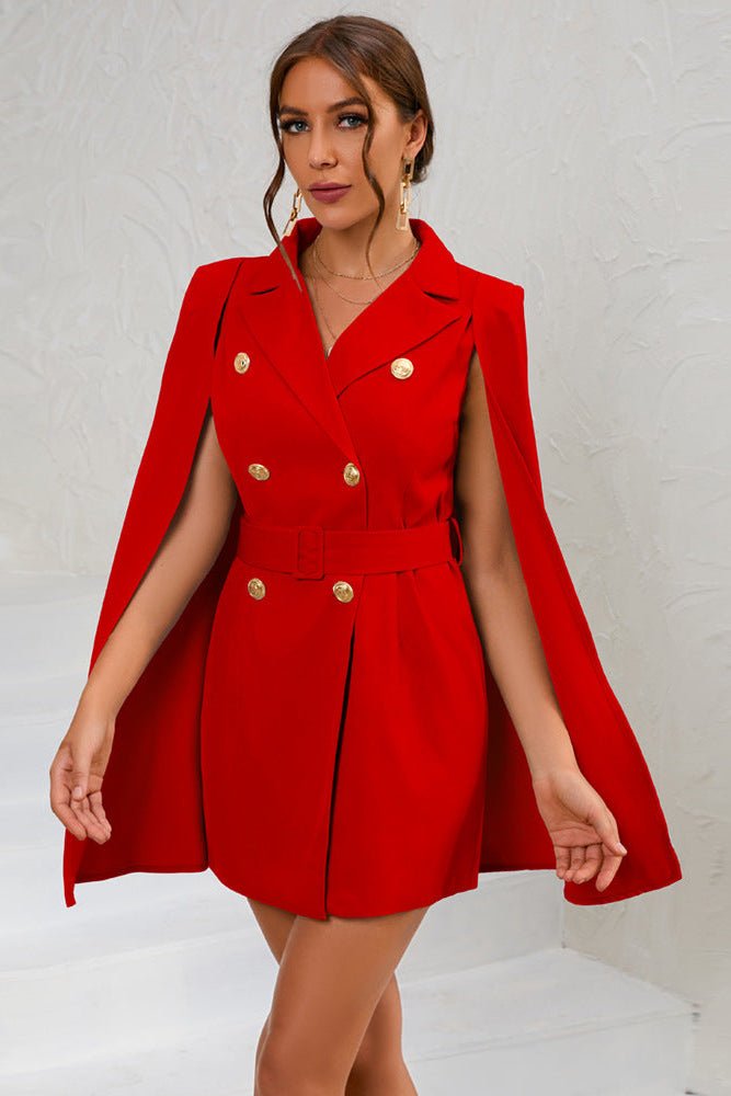 Ariella - Cape Blazer Mini Dress with Belt & Gold Button Detail
