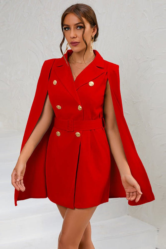 Ariella - Cape Blazer Mini Dress with Belt & Gold Button Detail