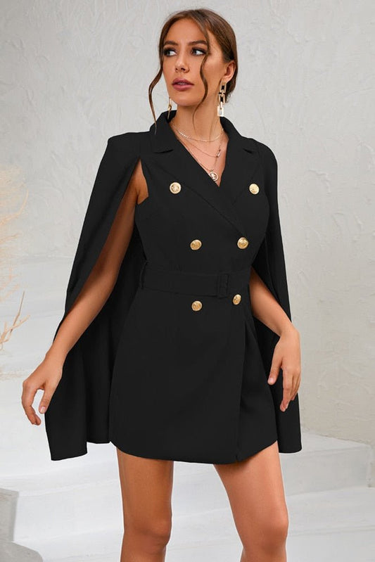 Ariella - Cape Blazer Mini Dress with Belt & Gold Button Detail