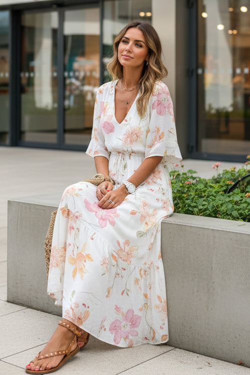 Bettina - Women's Bohemian Summer Maxi Dress with V-Neck & Adjustable Waistband 0