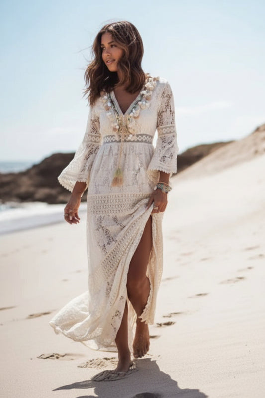 Boho Chic - Flowy V-Neck Maxi Dress for Women, Lightweight Long Sleeveless Sundress 1