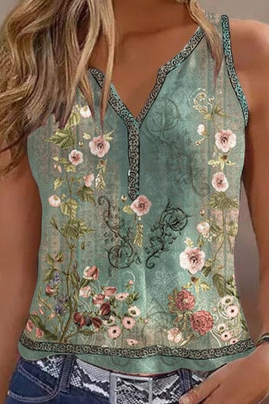 Boho Watercolor Flower V-Neck Sleeveless Tank Top - Relaxed Fit Casual Wear 0