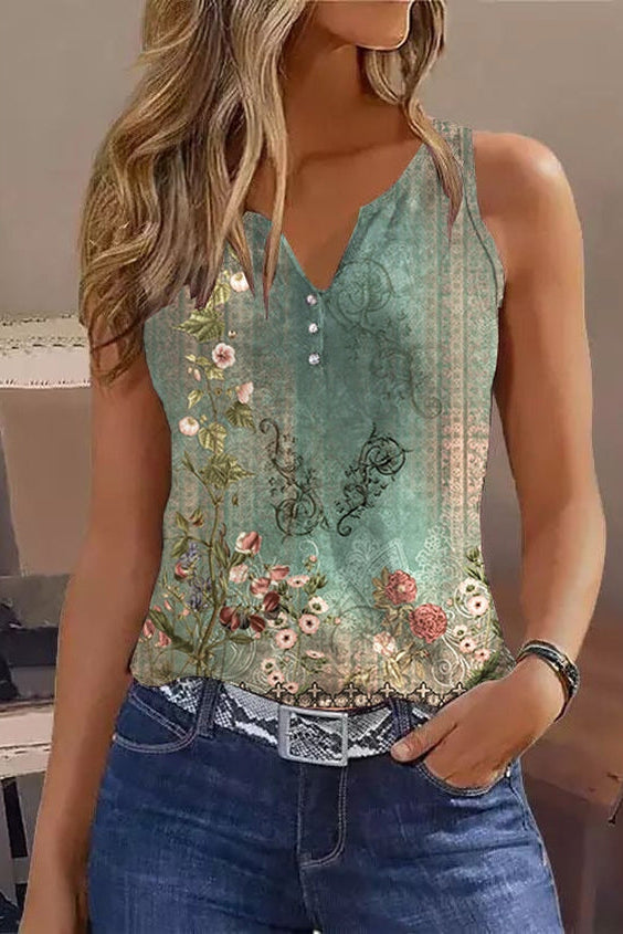 Boho Watercolor Flower V-Neck Sleeveless Tank Top - Relaxed Fit Casual Wear 1