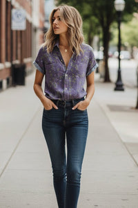 Chic Floral Vintage Lapel Blouse for Women - Short Sleeve, Lightweight, Casual 0