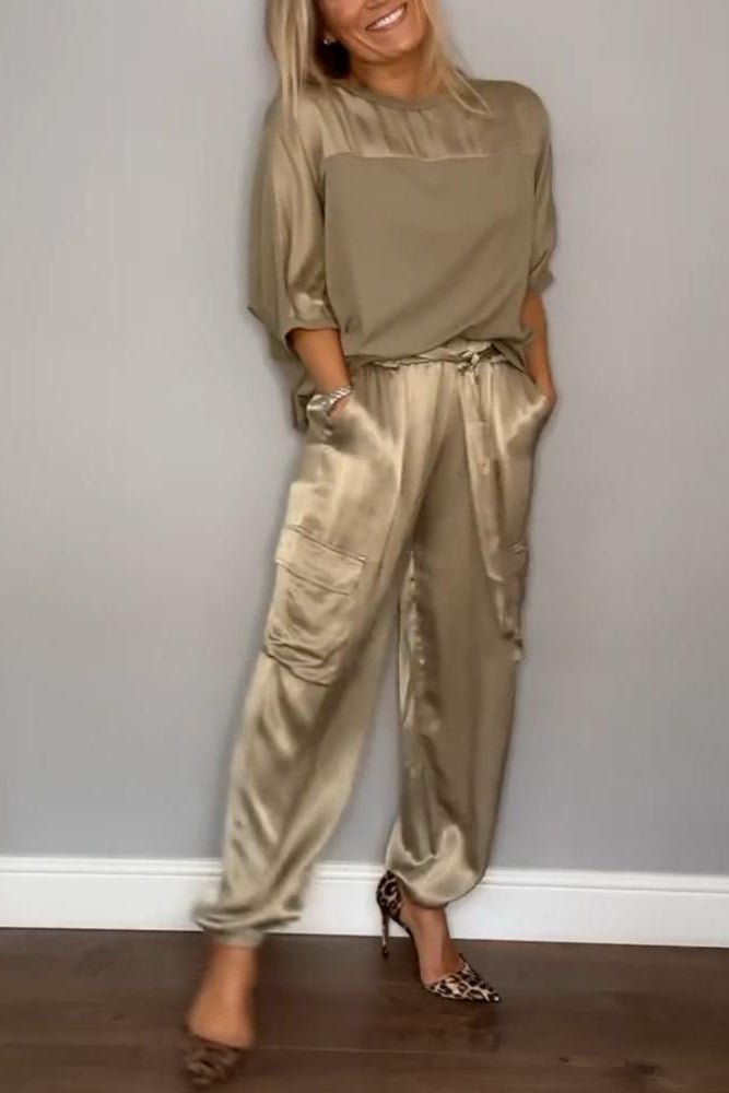 Chic Satin Loungewear Two-Piece Co Ord Set - Loose-Fitting Top & Cargo Pants 0