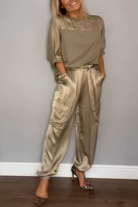 Chic Satin Loungewear Two-Piece Co Ord Set - Loose-Fitting Top & Cargo Pants 0