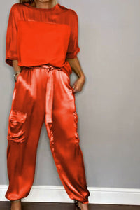 Chic Satin Loungewear Two-Piece Co Ord Set - Loose-Fitting Top & Cargo Pants 10