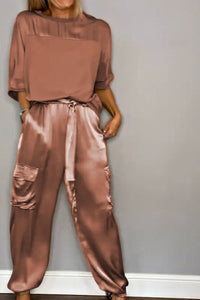 Chic Satin Loungewear Two-Piece Co Ord Set - Loose-Fitting Top & Cargo Pants 11