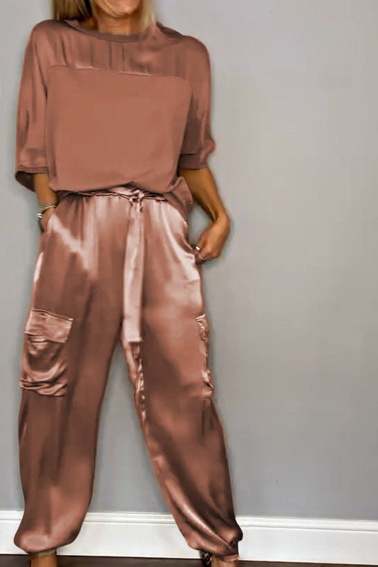 Chic Satin Loungewear Two-Piece Co Ord Set - Loose-Fitting Top & Cargo Pants 11