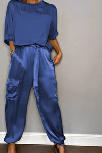 Chic Satin Loungewear Two-Piece Co Ord Set - Loose-Fitting Top & Cargo Pants 12