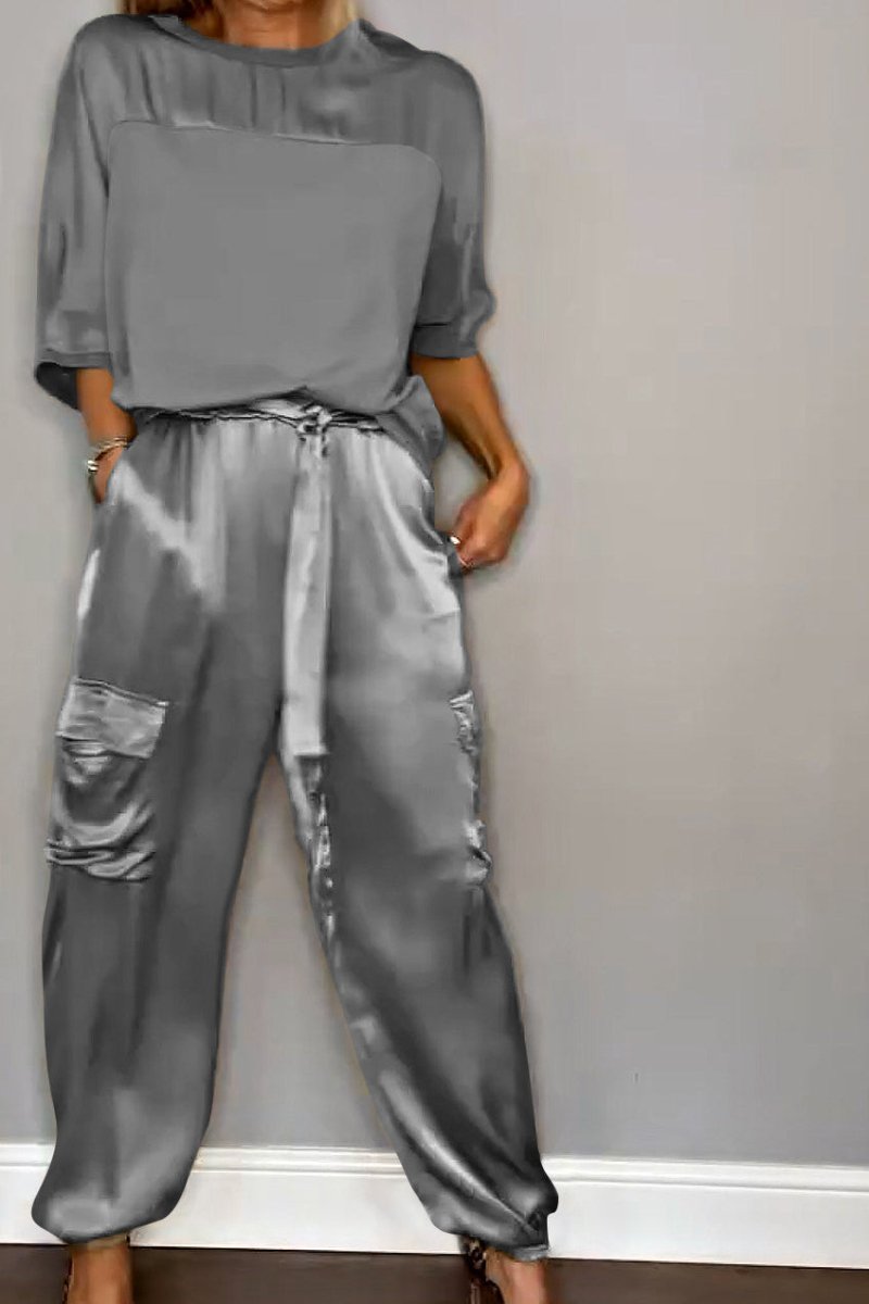 Chic Satin Loungewear Two-Piece Co Ord Set - Loose-Fitting Top & Cargo Pants 13