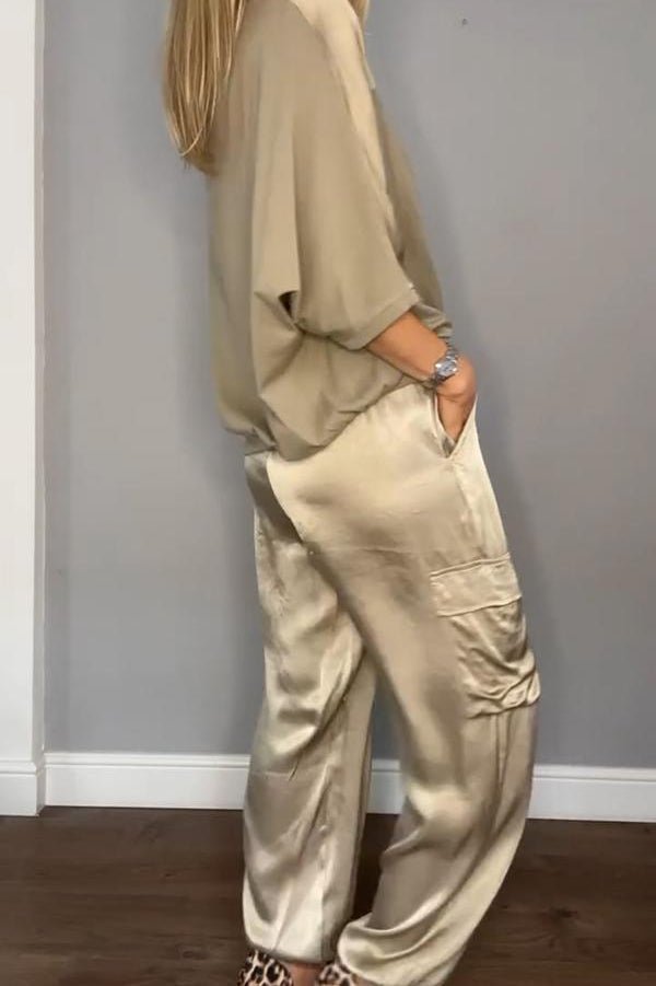 Chic Satin Loungewear Two-Piece Co Ord Set - Loose-Fitting Top & Cargo Pants 3