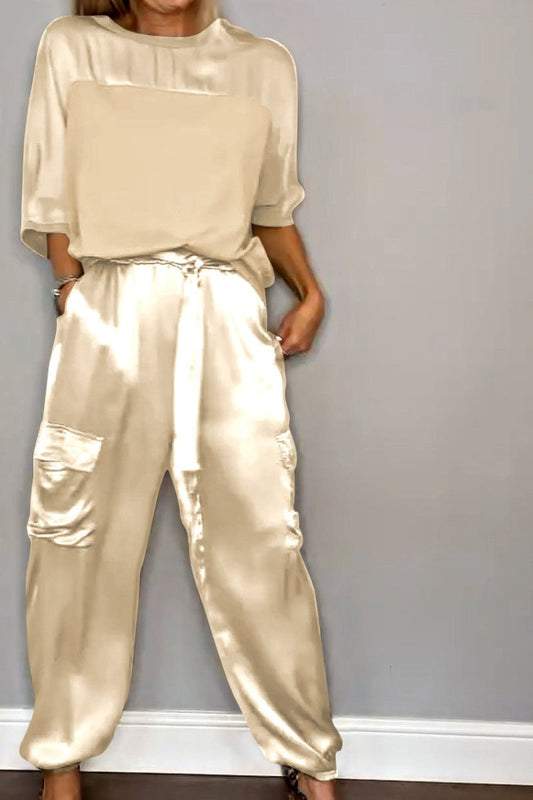 Chic Satin Loungewear Two-Piece Co Ord Set - Loose-Fitting Top & Cargo Pants 5