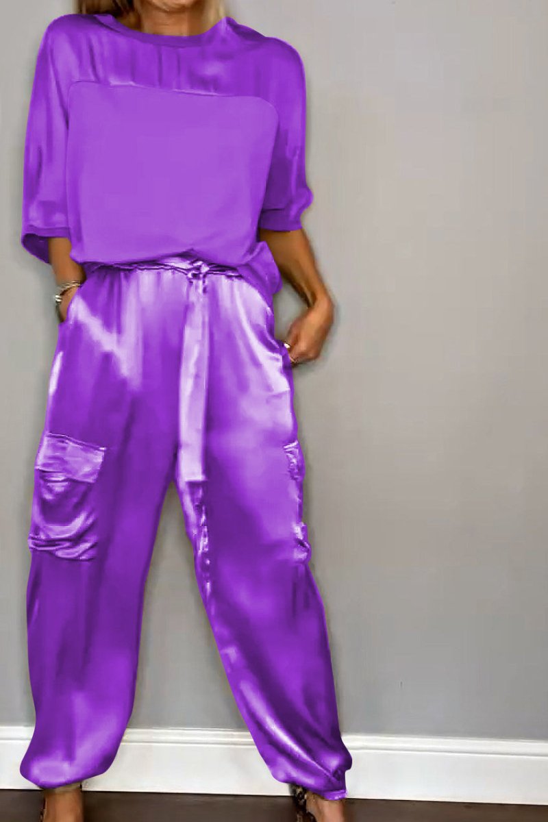 Chic Satin Loungewear Two-Piece Co Ord Set - Loose-Fitting Top & Cargo Pants 6