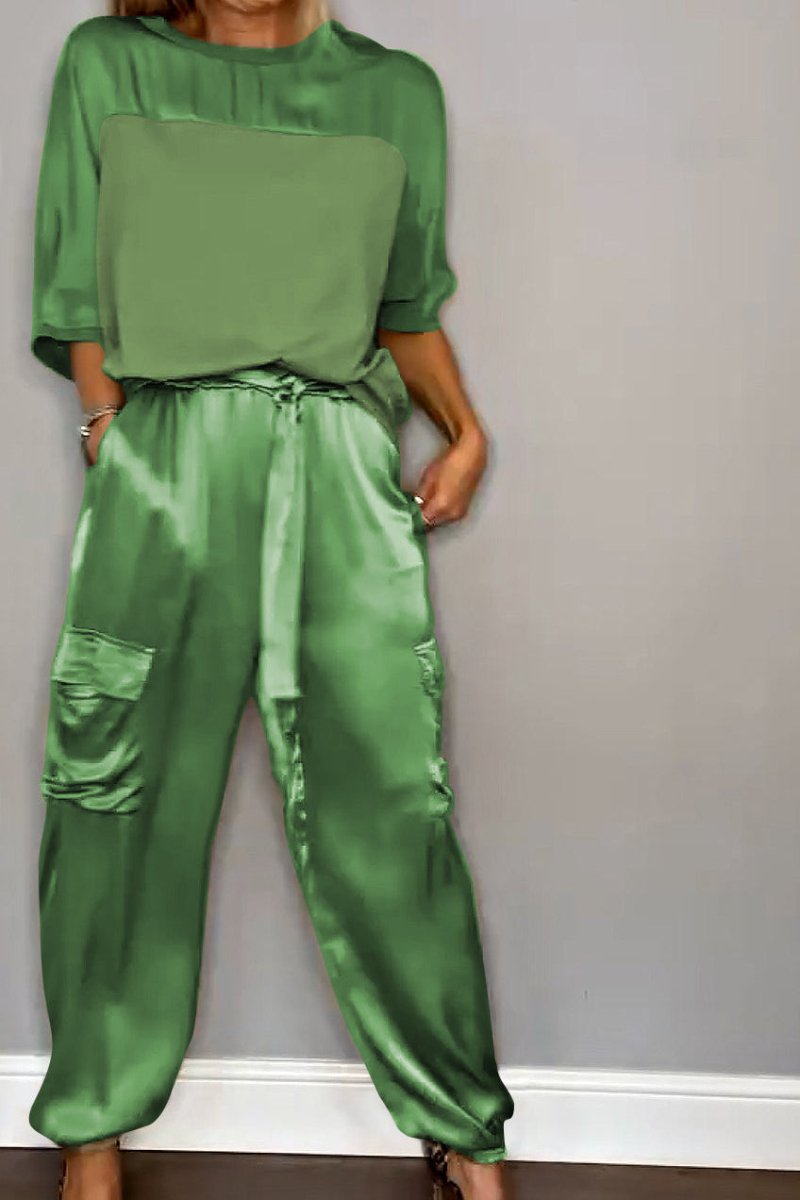 Chic Satin Loungewear Two-Piece Co Ord Set - Loose-Fitting Top & Cargo Pants 7