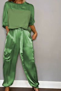 Chic Satin Loungewear Two-Piece Co Ord Set - Loose-Fitting Top & Cargo Pants 7