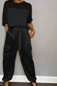 Chic Satin Loungewear Two-Piece Co Ord Set - Loose-Fitting Top & Cargo Pants 8