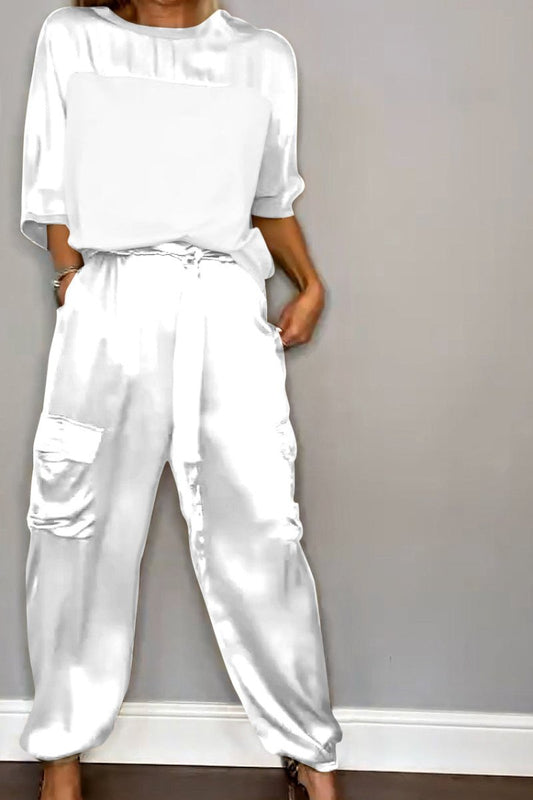 Chic Satin Loungewear Two-Piece Co Ord Set - Loose-Fitting Top & Cargo Pants 9
