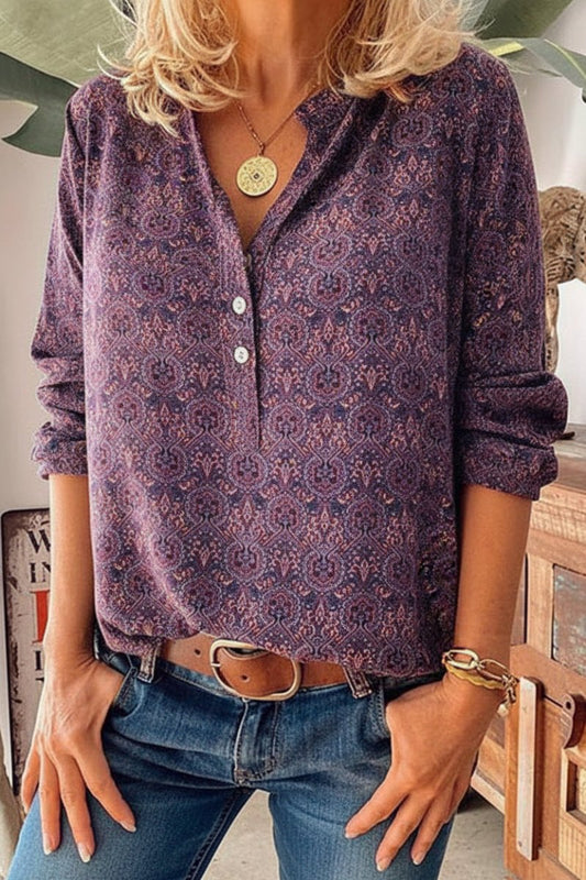 STYLVINT – Chic Long Sleeve Blouse with Artistic Vintage Print and Easy Fit