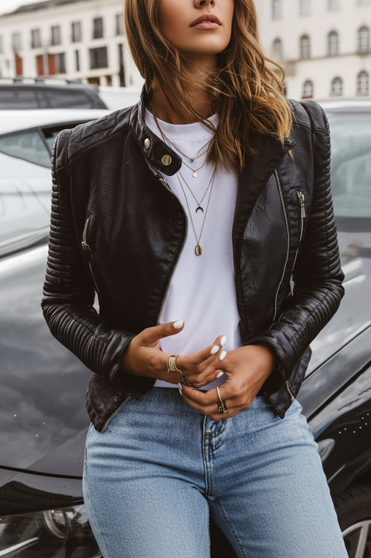 Chic Women's Black Leather Jacket with Stand Collar and Full Zip Closure 0