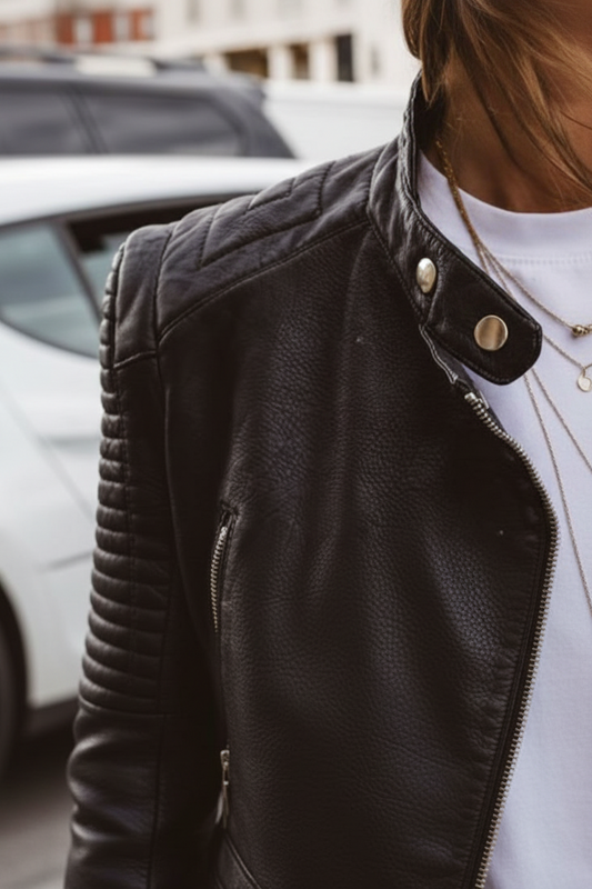 Chic Women's Black Leather Jacket with Stand Collar and Full Zip Closure 2