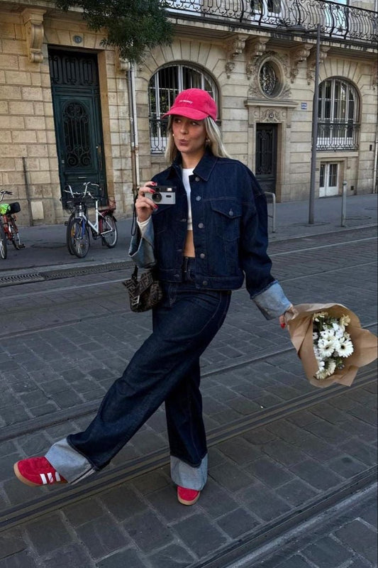 Chic Women's Denim Set - Classic Trucker Jacket & Relaxed Wide Leg Jeans 0