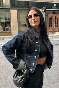 Chic Women's Denim Set - Classic Trucker Jacket & Relaxed Wide Leg Jeans 2