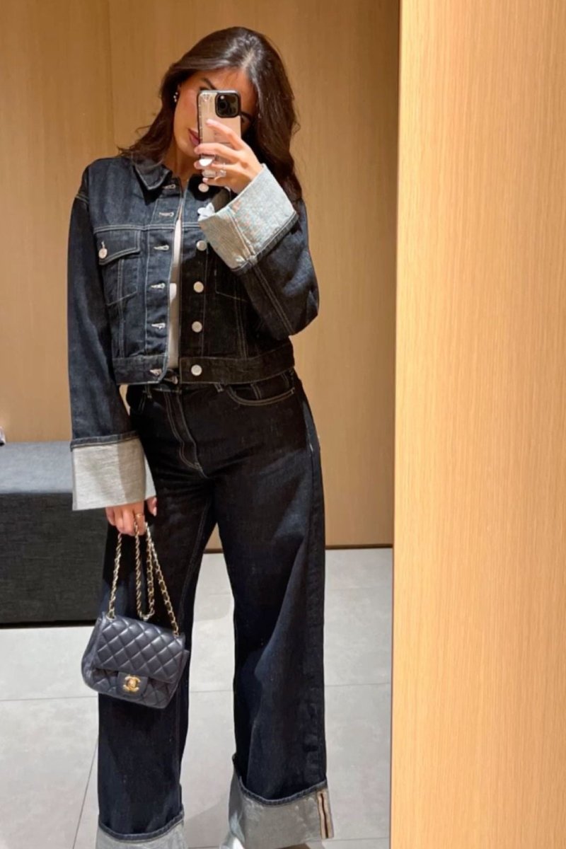 Chic Women's Denim Set - Classic Trucker Jacket & Relaxed Wide Leg Jeans 4