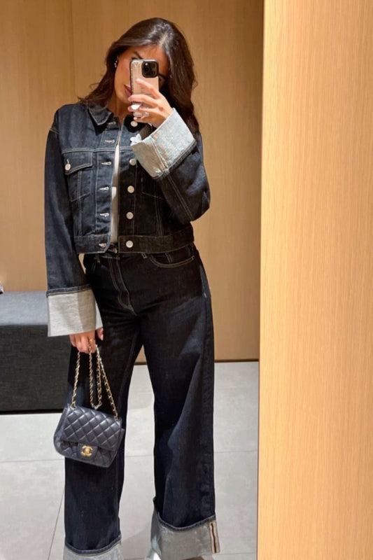 Chic Women's Denim Set - Classic Trucker Jacket & Relaxed Wide Leg Jeans 4