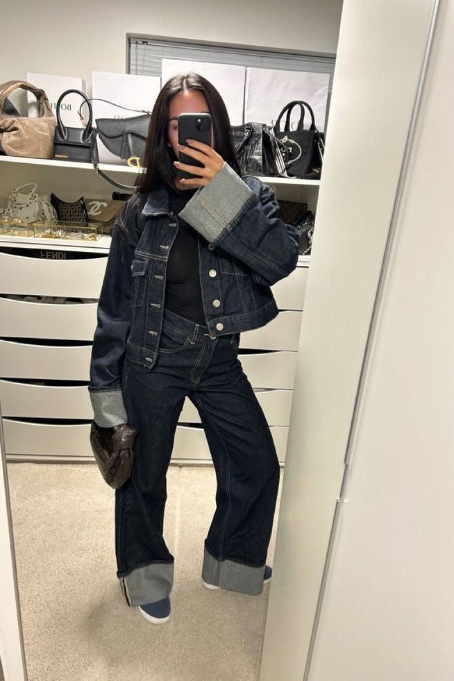 Chic Women's Denim Set - Classic Trucker Jacket & Relaxed Wide Leg Jeans 5