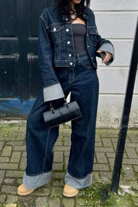Chic Women's Denim Set - Classic Trucker Jacket & Relaxed Wide Leg Jeans 6
