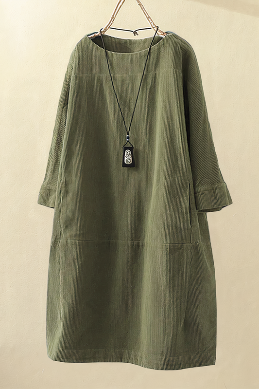 Chic Women's Midi Corduroy Dress with Pockets & Three-Quarter Sleeves 0