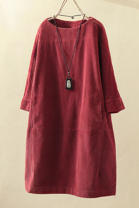 Chic Women's Midi Corduroy Dress with Pockets & Three-Quarter Sleeves 2