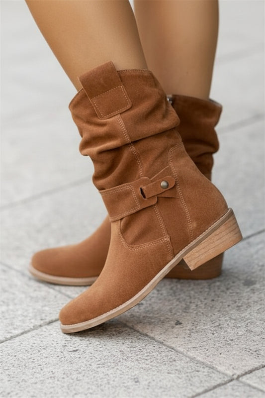 Chic Women's Short Brown Boots - Durable Synthetic Leather, Low Heel, Slip-On Design 0