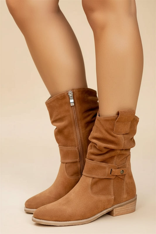 Chic Women's Short Brown Boots - Durable Synthetic Leather, Low Heel, Slip-On Design 6