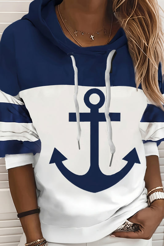 Color Block Anchor Print Oversized Hoodie for Casual Spring and Autumn Wear 0