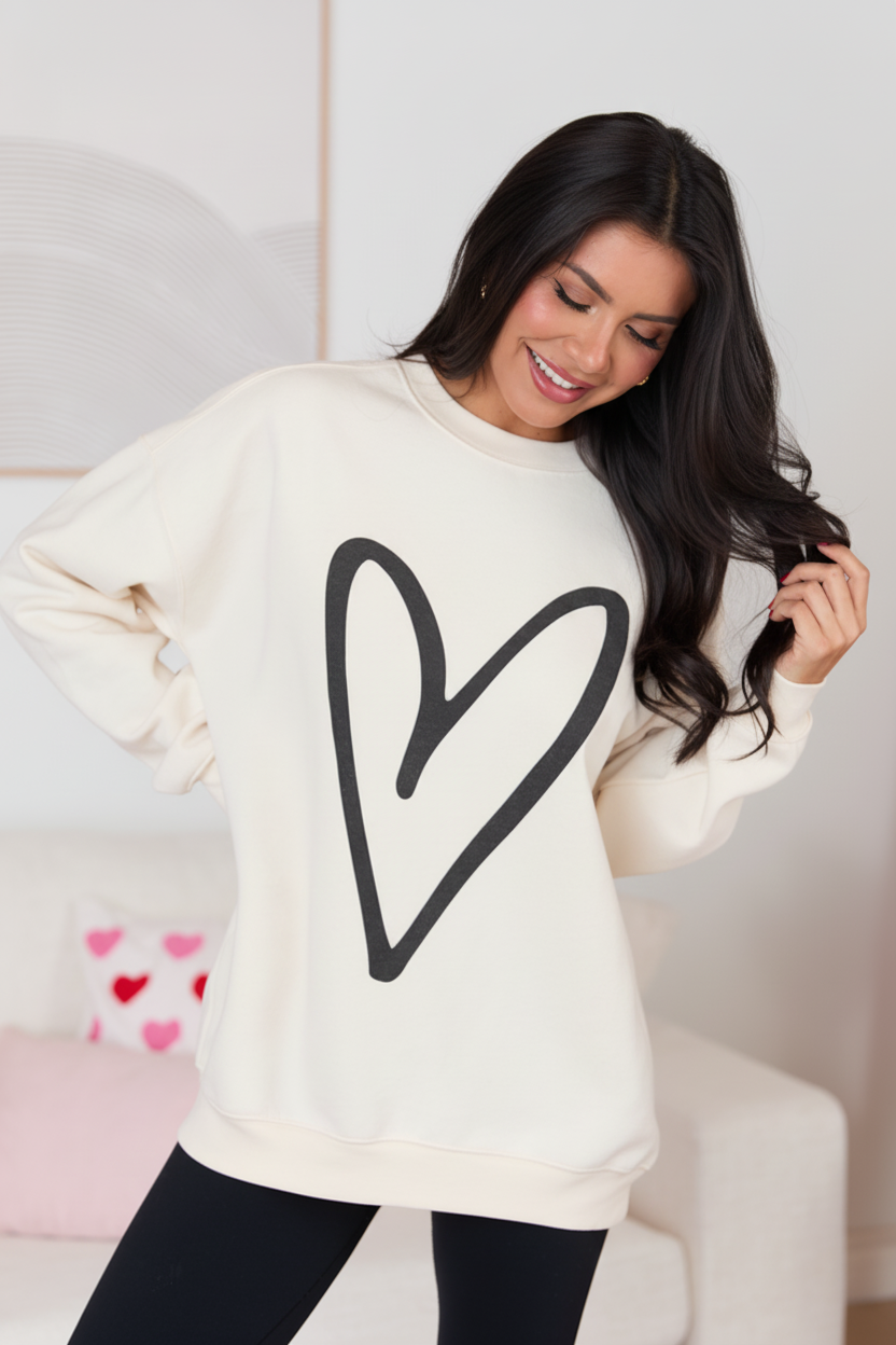Cream Graphic Sweatshirt - Relaxed Fit with Heart Design for Casual Style 0
