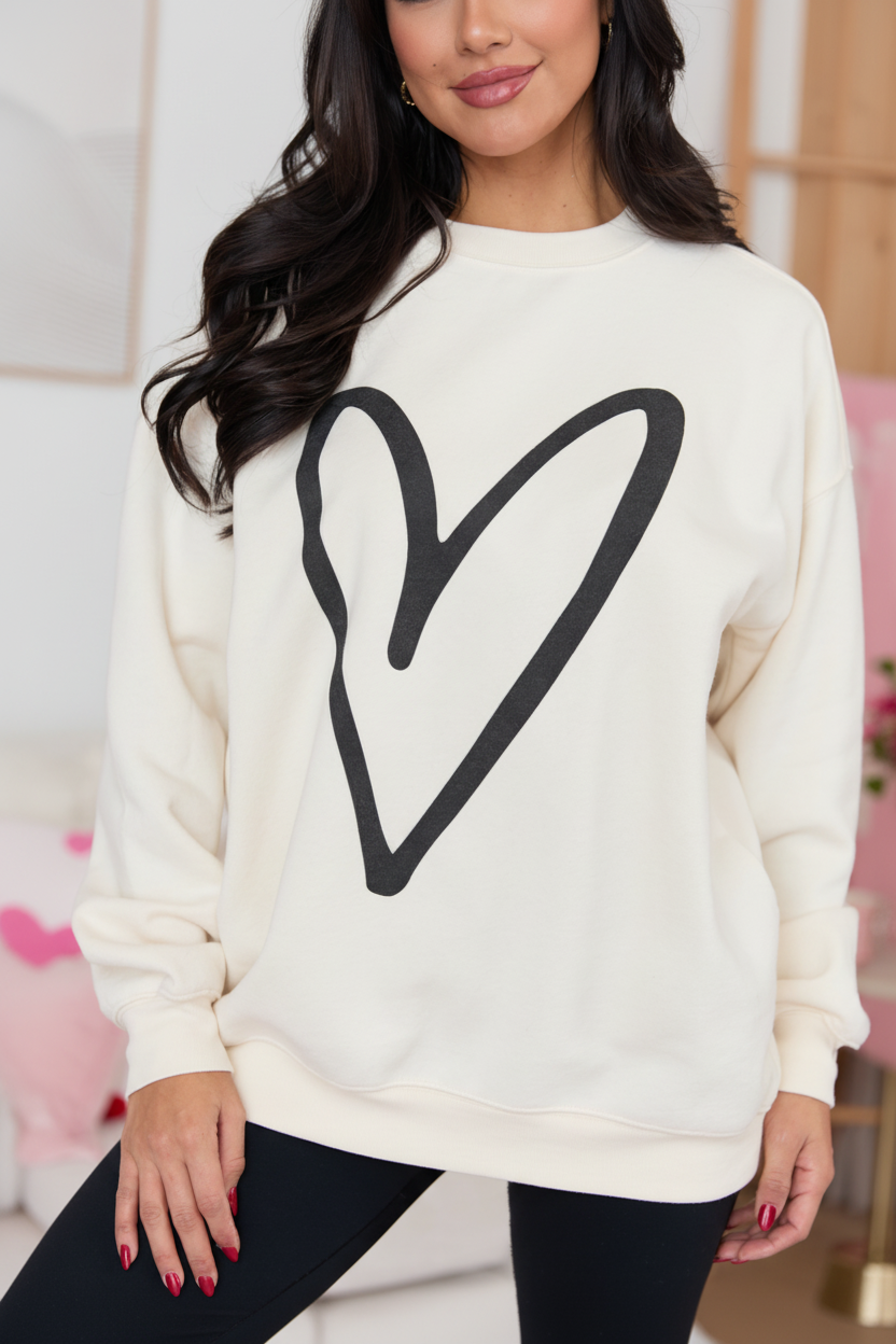 Cream Graphic Sweatshirt - Relaxed Fit with Heart Design for Casual Style 1