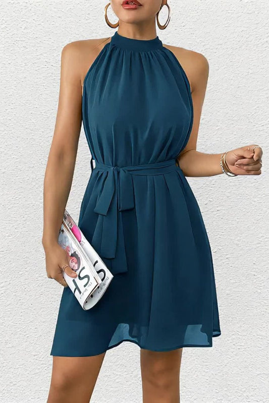 Delilah - Stylish Black Midi Dress with Round Neck & Ruffle Hem 0