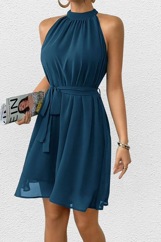 Delilah - Stylish Black Midi Dress with Round Neck & Ruffle Hem 2