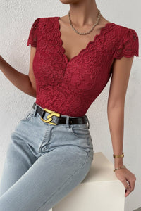 Elegant Lace Bodysuit with V-Neck and Sleeves - Soft Stretch Fabric, Versatile Design 5